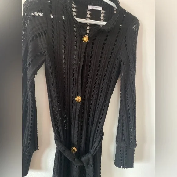 Zara Black long belted novelty stitch cardigan sweater Small - Picture 2 of 4